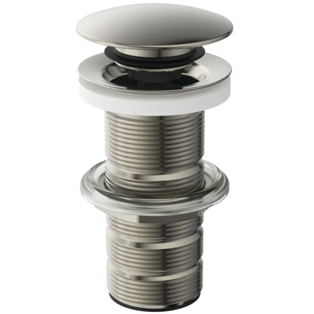 Push-Open Abfluss für Waschtisch ohne Überlauf in silberner Ausführung. Sichtbare Teile aus glänzendem Metall. Ideal Standard Produkt mit funktionalem Design.